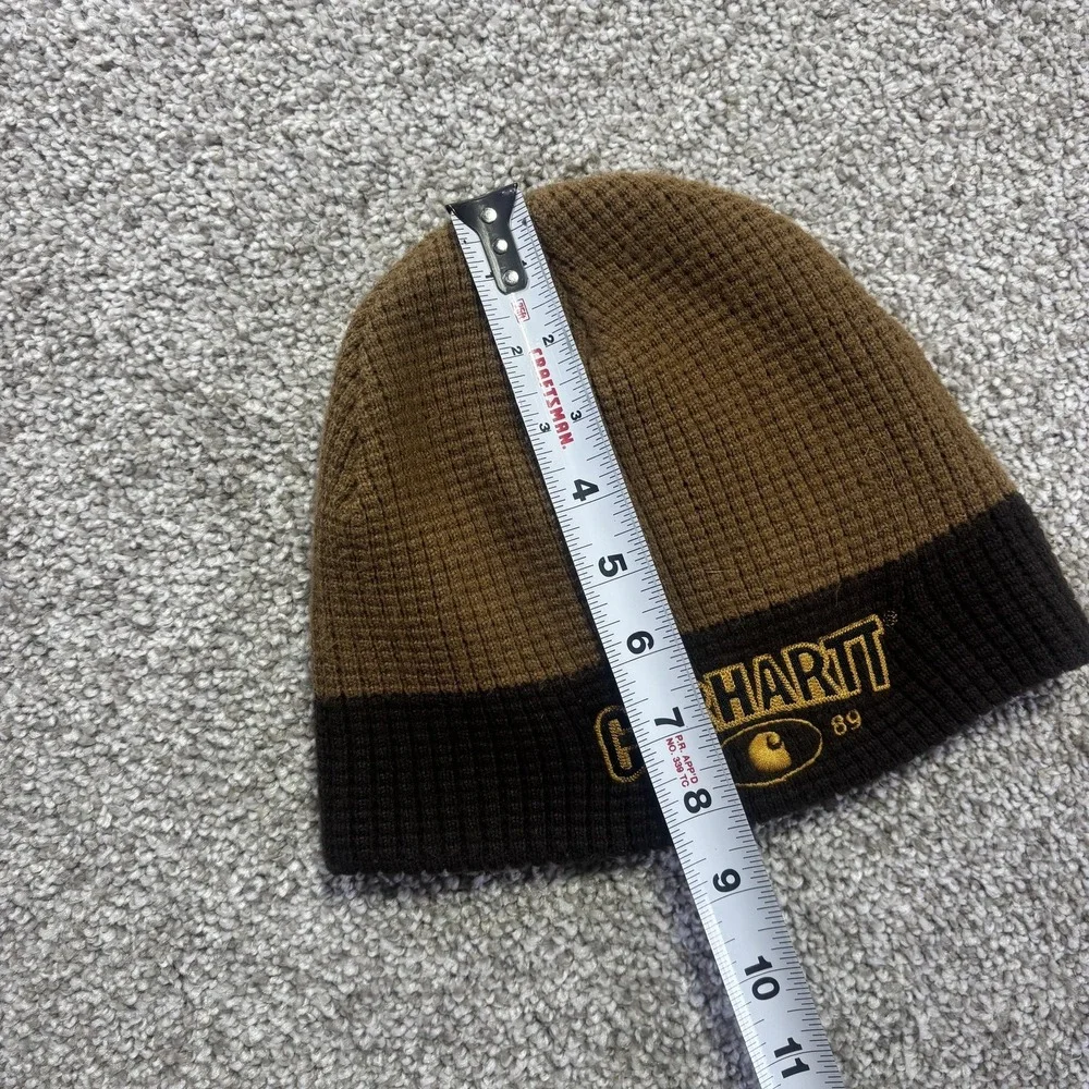 Y2K Carhartt Skull Beanie Mens One‎ Size Brown Knit Logo Stretch Winter Workwear